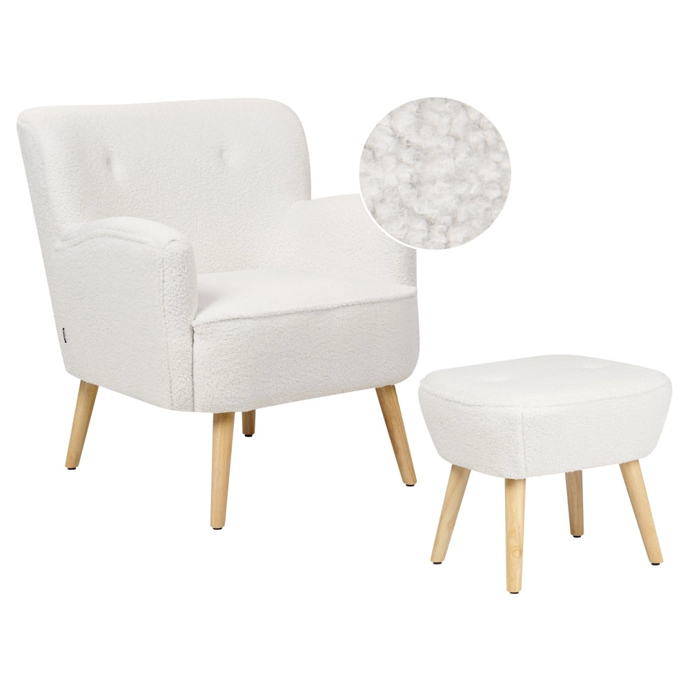 Poltrona Boucle bianco Rivestimento poggiapiedi Gambe in legno Motivo solido Retro Boho Soggiorno
