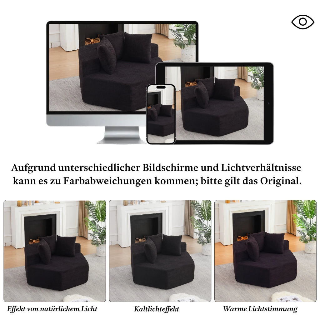 Fauteuil modulare esagonale con 3 cuscini e imbottitura in schiuma e molle per composizioni versatili in ciniglia nero