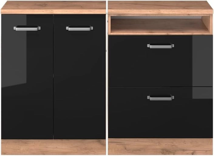 Set di mobili sottotetto Rion, Nero lucido, 120 cm Set di 2 carcasse armadio profondità 60 cm, adatto per il salvaspazio sotto tetti spioventi