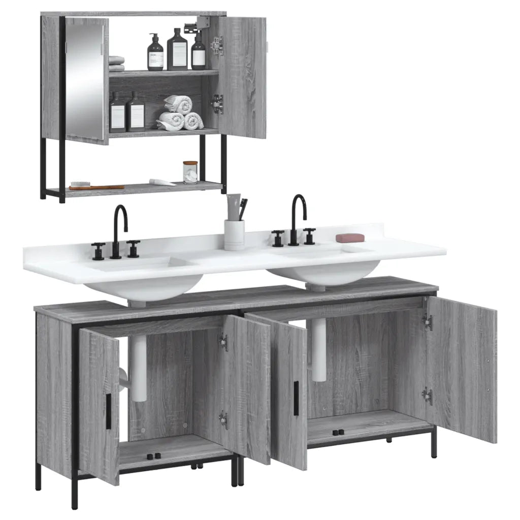 Set Mobili da Bagno 3 pz Grigio Sonoma in Legno Multistrato 3214673