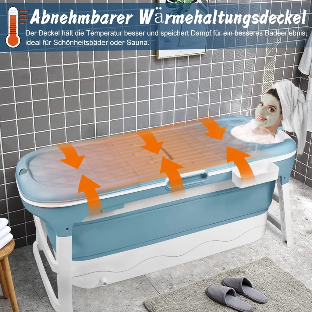 Vasca da bagno pieghevole per adulti, 128 x 60 x 53 cm, con copertura e cestino, mobile pieghevole, autoportante per bagno, doccia e balcone, blu