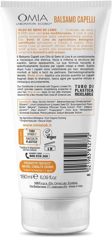 OMIA BALSAMO CAPELLI ECO BIO CON OLIO DI SEMI DI LINO PER CAPELLI CRESPI LISCIANTE E DISCIPLINANTE DA 180 ML