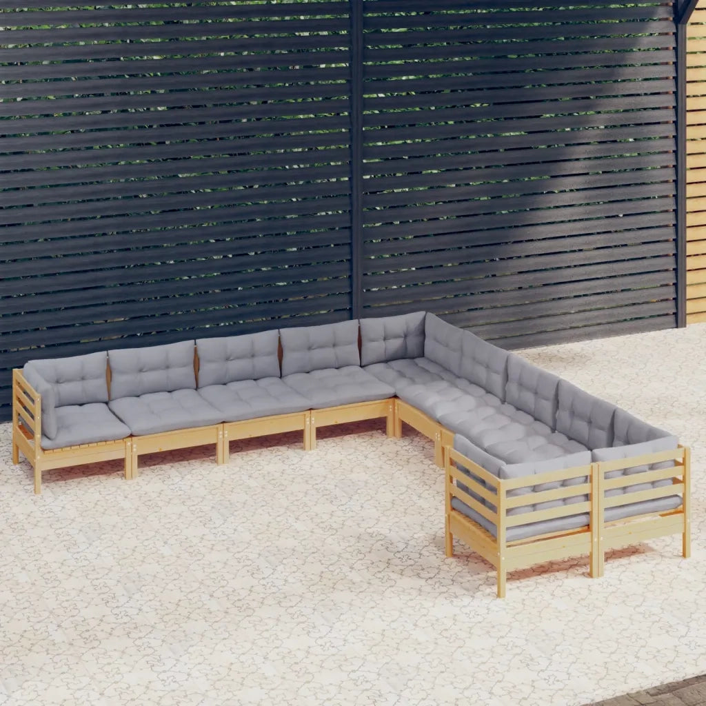 Set Divani da Giardino 10 pz con Cuscini Grigi Massello di Pino 3097006