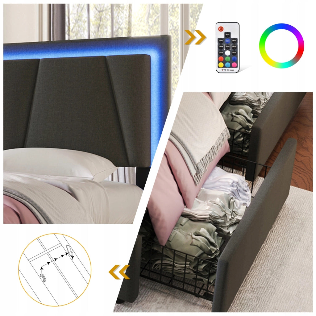 Letto imbottito con LED - Xylo - 90x200 - Grigio (con materasso)