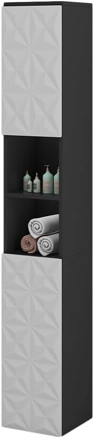 Armadio per il bagno Edge, Nero, 30 x 189.5 cm con 2 ante e 3 scomparti, per la conservazione in bagno con meccanismo push-to-open