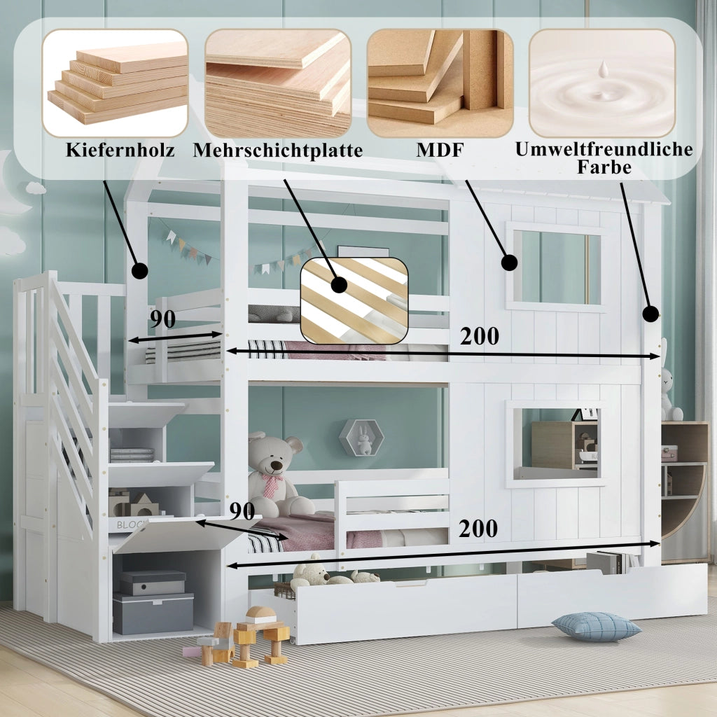 OKWISH Letto a Castello 90×200 cm, Letto Singolo con Scala Contenitore, Cassetto con Ruote e Finestre e Tetto, senza Materasso, Bianco