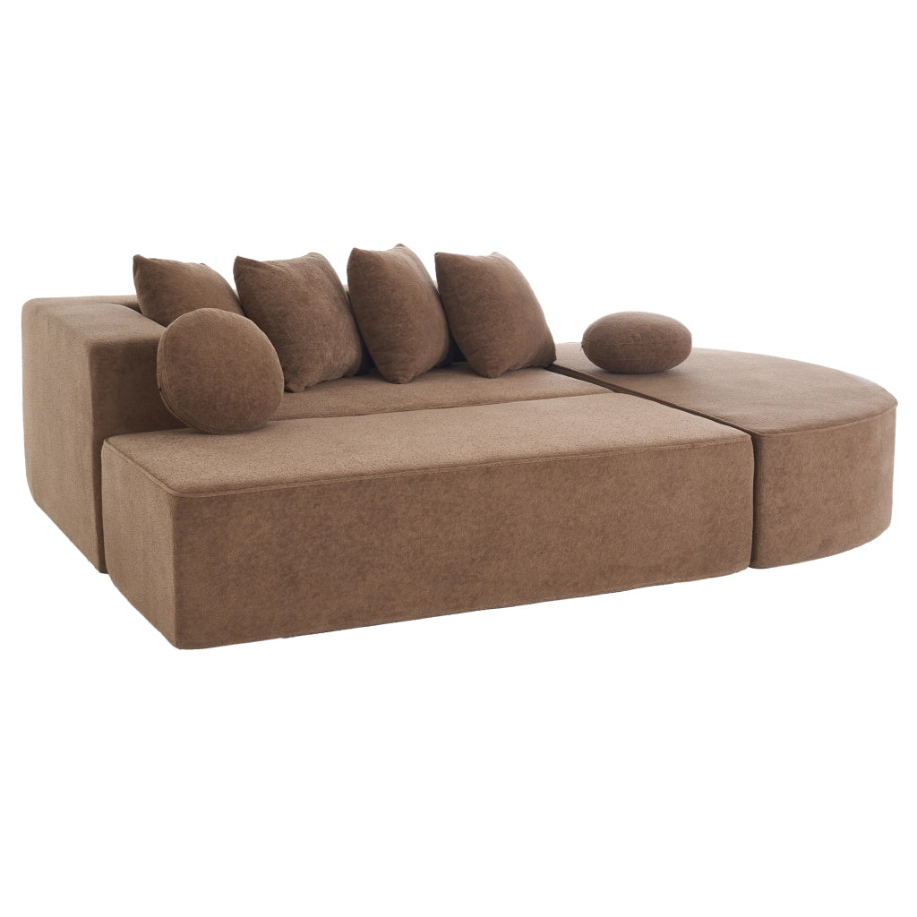 Divano modulare convertibile senza montaggio con funzione letto, cuscini e braccioli, in Chenille, Marrone