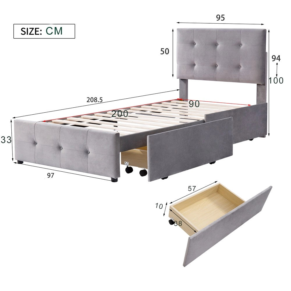 Letto imbottito singolo con cassetti e rete a doghe ¨C Minimal ¨C velluto grigio 90x200 cm