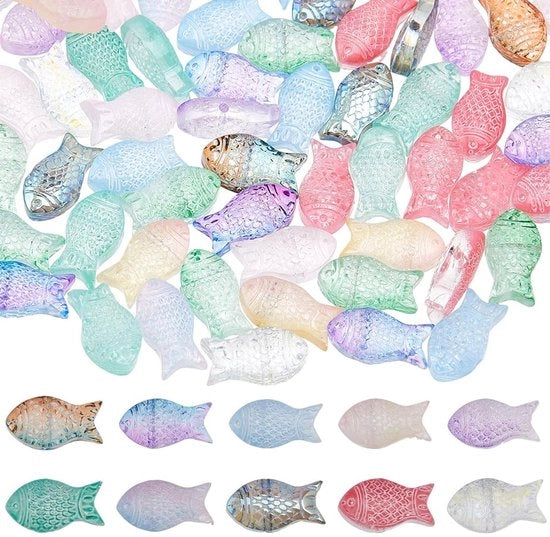 Viscralen 120 pezzi - Vetro Kralen - 12 colori - 15x8x5mm - Creazione di gioielli - Diametro foro: 1mm - Disegno a viso dinamico - Vetro per gioielli