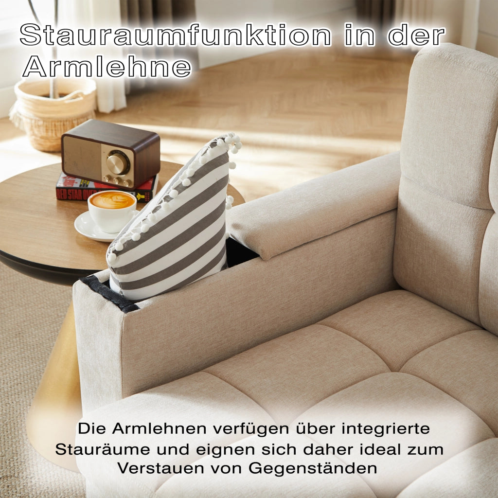 Divano letto convertibile 2 posti con vano nei braccioli e tasche laterali, struttura in metallo, ciniglia beige