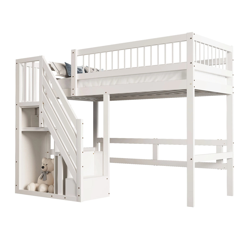 Letto singolo 90x200 cm; scala con contenitore; legno; bianco (Senza materasso)