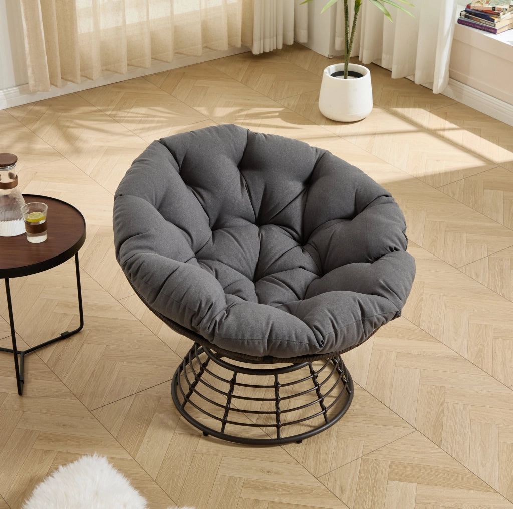 Poltrona Papasan girevole ergonomica con cuscino grigio e struttura marrone