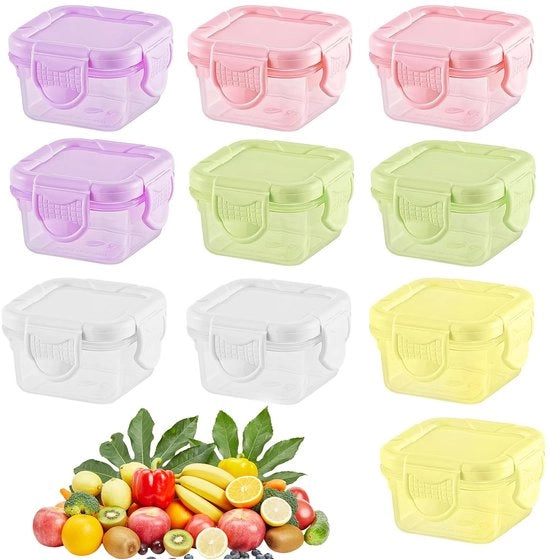 OMJMYY 10 piccoli contenitori con coperchio in plastica 60ml, piccoli contenitori con coperchio, riutilizzabili, contenitori per congelazione, per frutta, salse, marmellate, erbe, salse