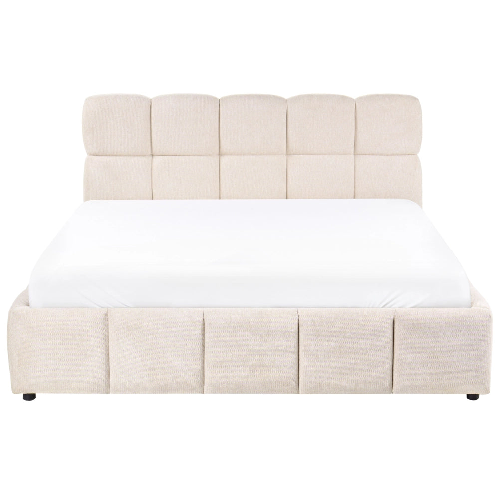 Letto matrimoniale imbottito con struttura a molle a sollevamento trapuntata 160 x 200 beige chiaro con contenitore a molle sollevabile