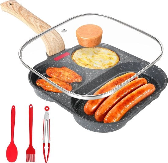 Piastra per frittate con coperchio, piastra per pancake con 3 fori, piastra antiaderente in alluminio per piani cottura in induzione e forni a gas, padella da colazione per omelette, polpette e pancake.