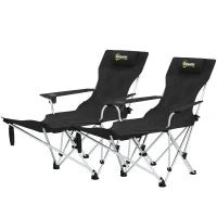 Set 2 Sedie da Campeggio Pieghevoli con Poggiapiedi Staccabile e Portabicchieri, 82x50/100x88 cm, Nero