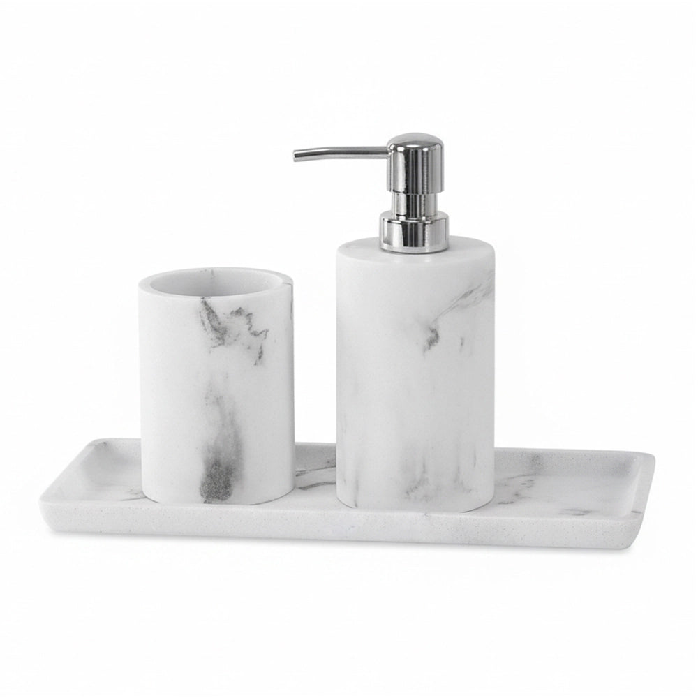 Set accessori bagno effetto marmo 3 pezzi con dispenser portaspazzolino e vassoio in resina Ivy