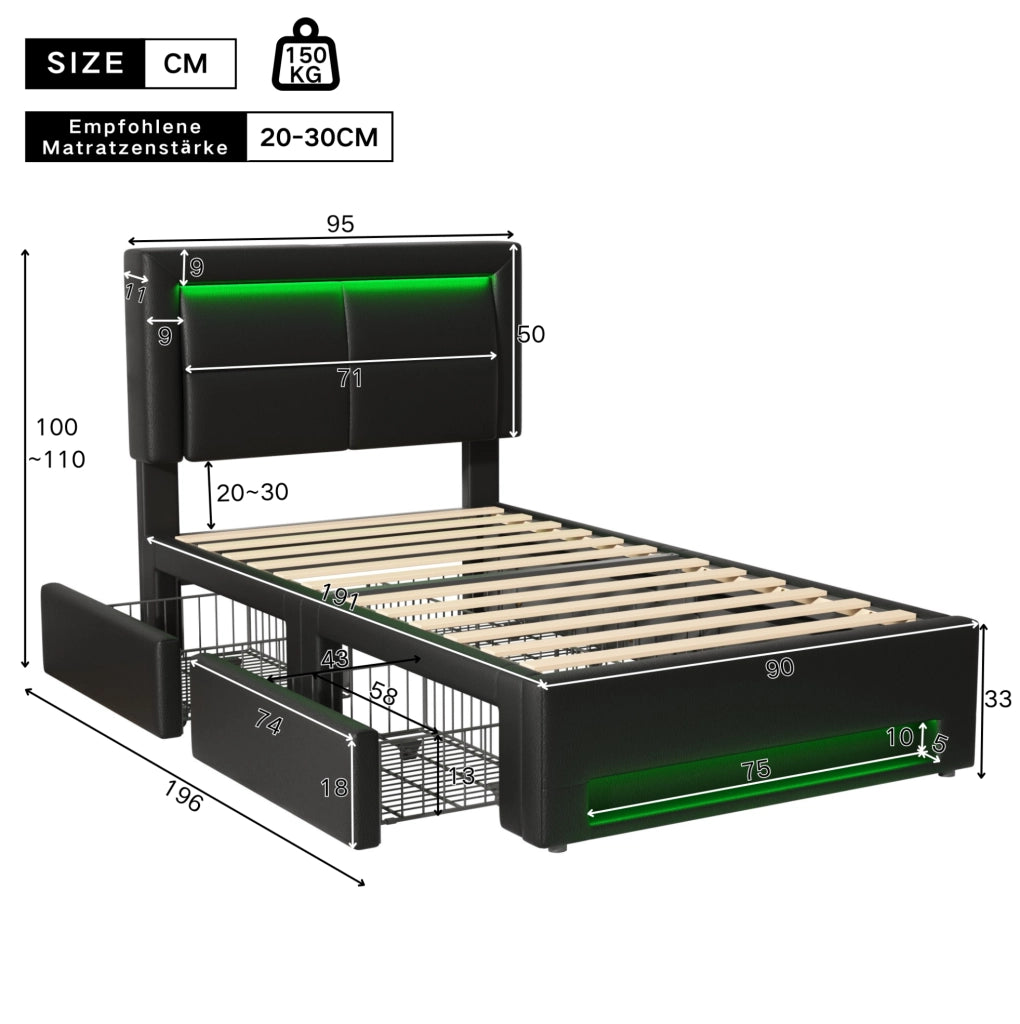 Letto imbottito 90x190 cm con USB; LED e 4 cassetti; PU nero