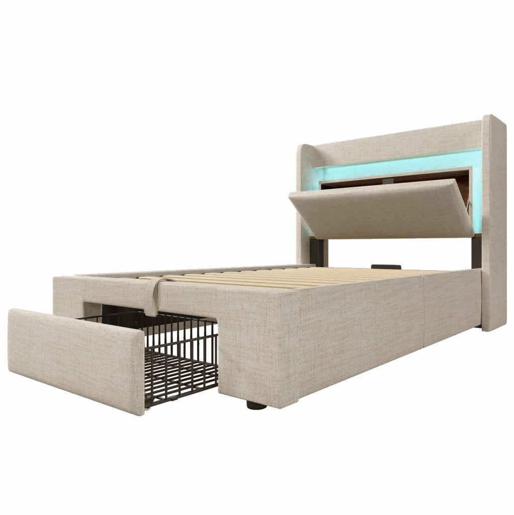 Letto imbottito 90x200 cm beige in lino con contenitore; testiera con USB e LED