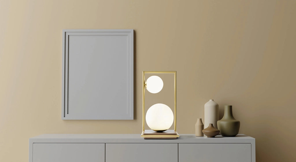 BUBLE LAMPADA DA TAVOLO 2 SFERE VERSO SX OPALINO STRUTTURA ORO SPAZZOLATO E BRONZO ATTACCO G9