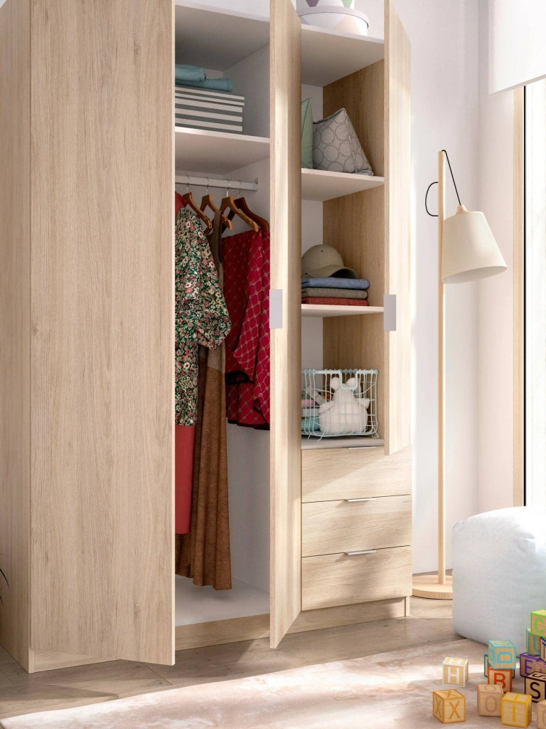 Guardaroba Astru, Mobile appendiabiti per camera da letto, Armadio a 3 ante battenti e 3 cassetti, 121x52h184 cm, Rovere