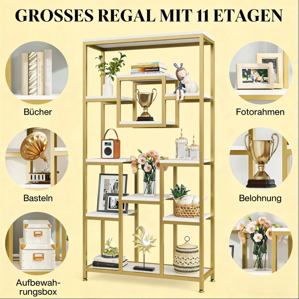 Libreria autoportante geometrica in metallo e legno oro e bianco