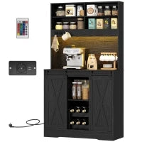 Credenza da Cucina Alta Stile Rustico con 2 Armadietti, Portabottiglie, Prese di Ricarica e Luci LED, Nero