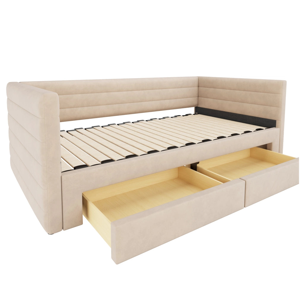 Letto imbottito multifunzionale 3 in 1 90x190 cm con 2 cassetti; beige