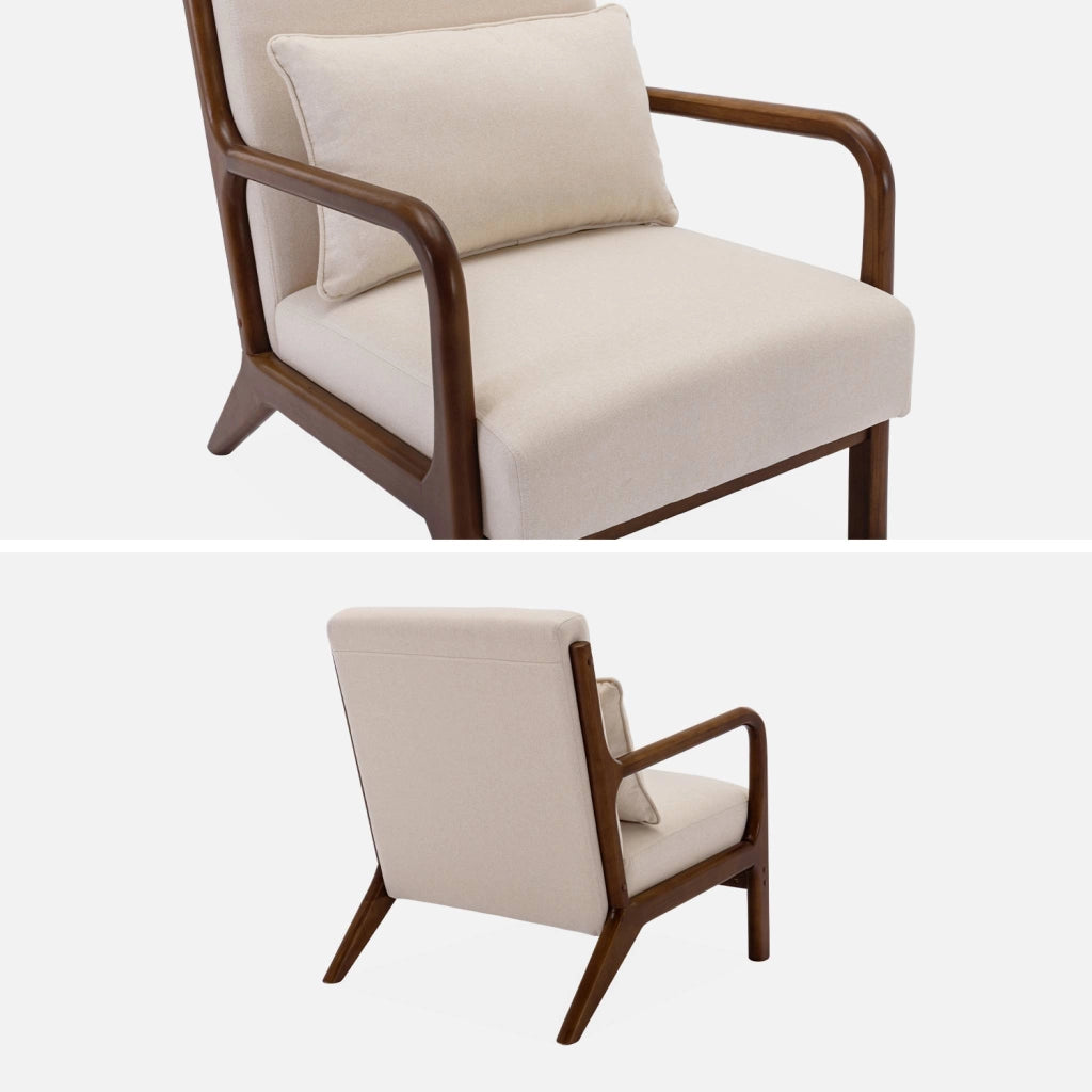 Poltrona scandinava in tessuto beige e legno di hevea , beige