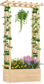 Letto da Giardino Rialzato con Traliccio, Fioriera Rialzata in Legno con Tetto Pendente, Fori di Drenaggio per Piante Rampicanti, Fiori e Verdure (Naturale)