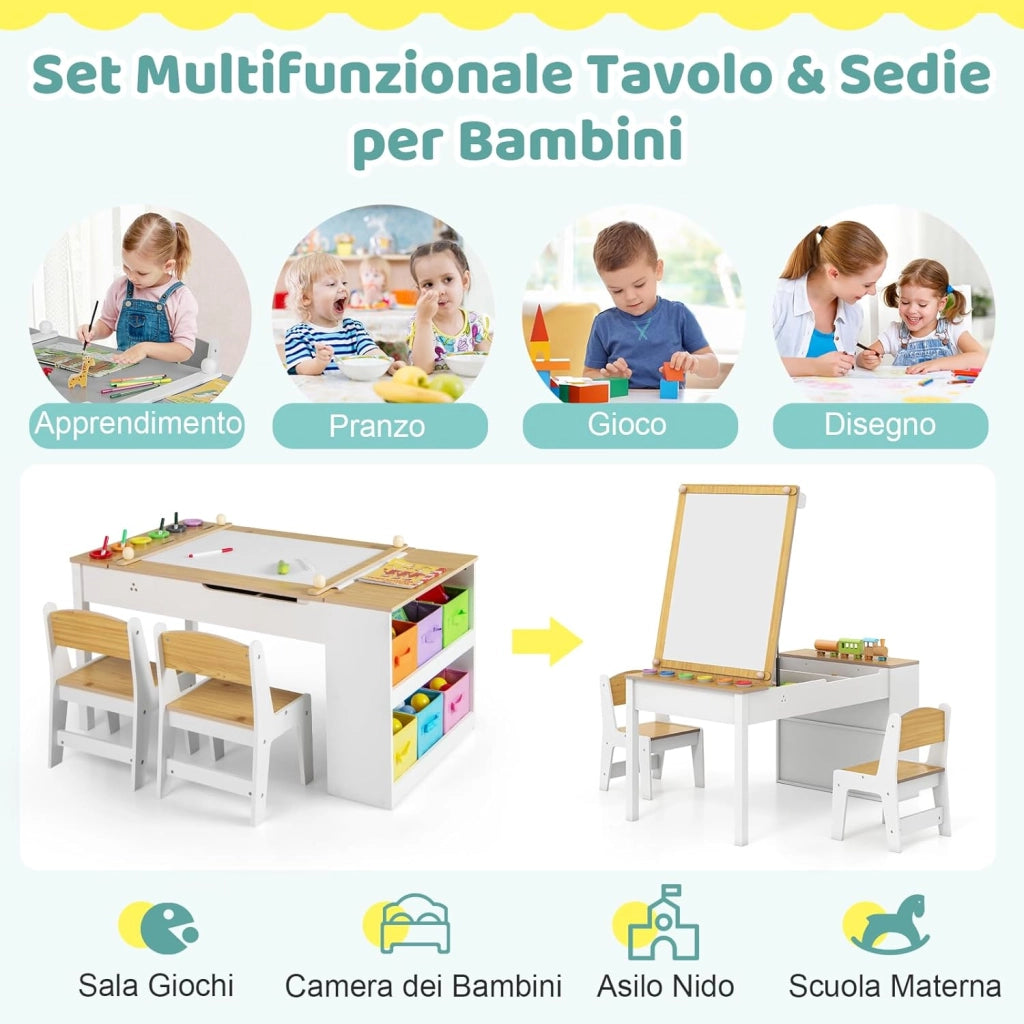 Set Tavolo da Disegno e Cavalletto per Bambini 3+ Anni con 2 Sedie, Tavolo Multifunzione in Legno con Piano Sollevabile, Rotolo di Carta, 6 Bicchieri di Vernice (Naturale)