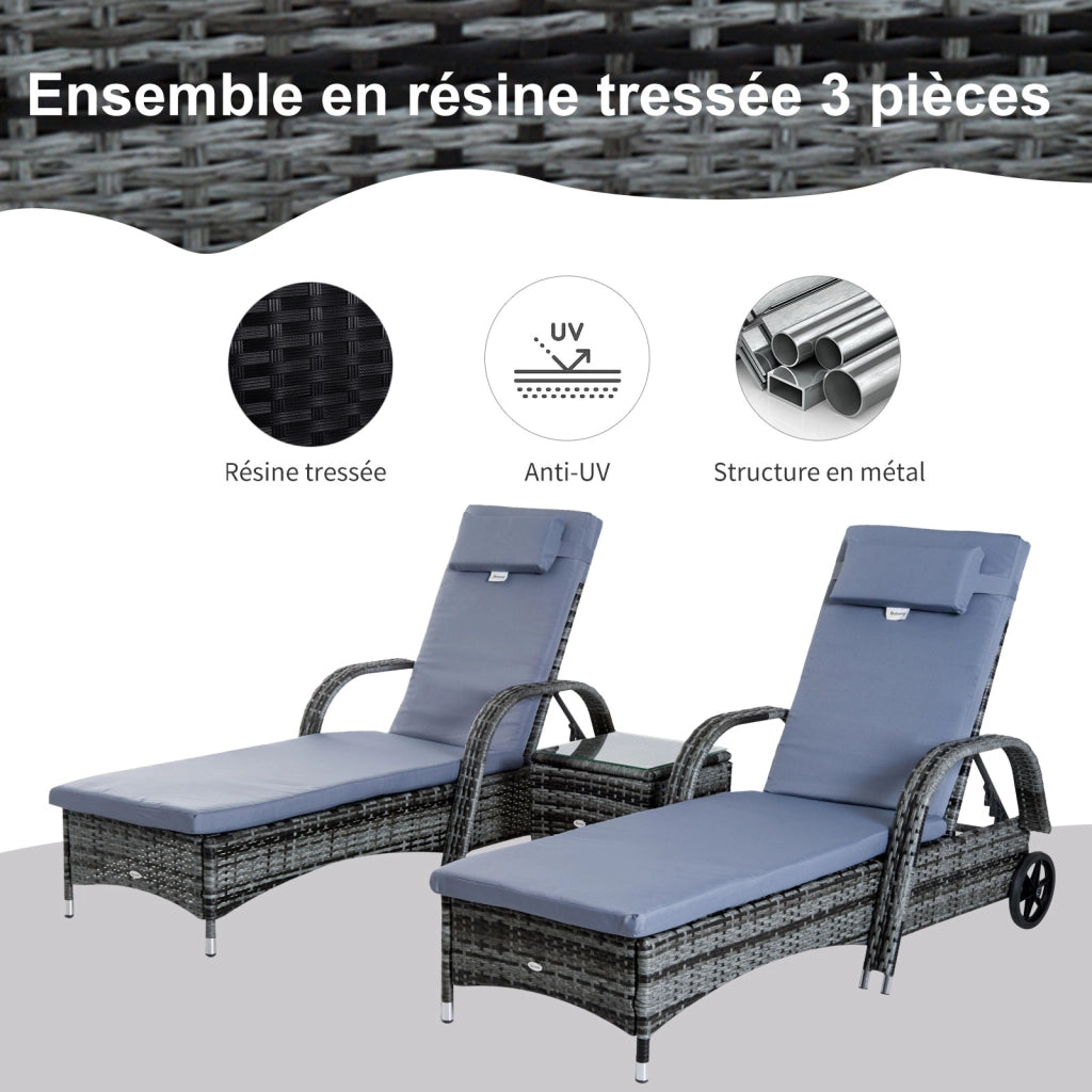 Lettini prendisole 2 pezzi con tavolino ¨C Zephmum ¨C Grigio, resina, 200x60x40