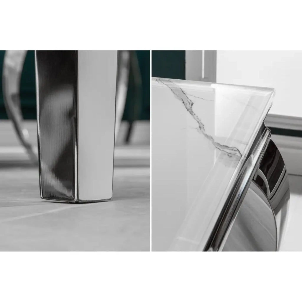 Tavolo VELENA 200 cm – Piano in vetro effetto marmo bianco – Struttura in acciaio argentato