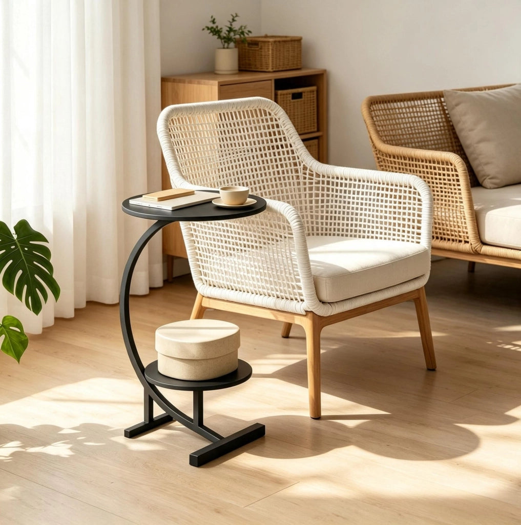 Tavolino rotondo a 2 ripiani in MDF e metallo nero, Ø40/30x66 cm