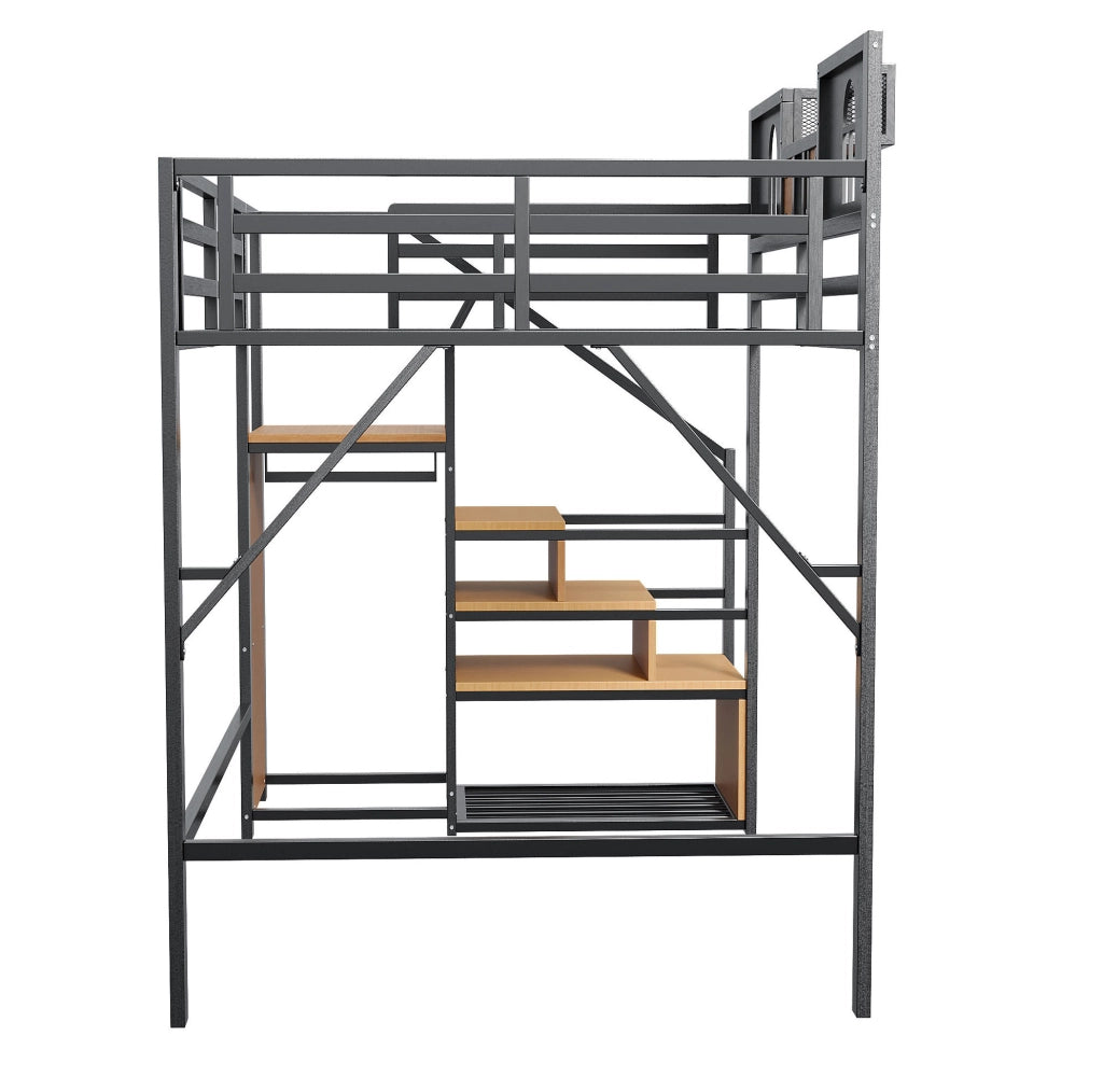 Letto a soppalco 140x200 cm con scaletta contenitore e mensola in metallo nero