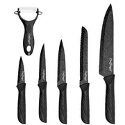 Set di 6 Coltelli Effetto Marmo Antiaderenti con Pelapatate Manici Lisci Nero Cheffinger