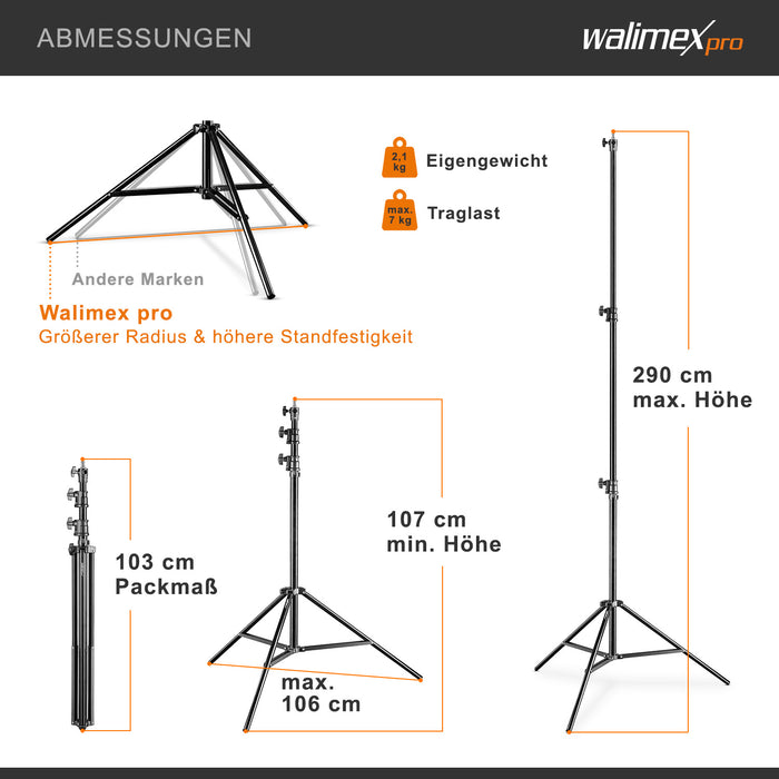 AIR 290 Deluxe Stativo per luci, altezza max 290 cm, cavalletto fotografico per flash con capacità di carico di 7 kg, treppiede per studi fotografici e outdoor