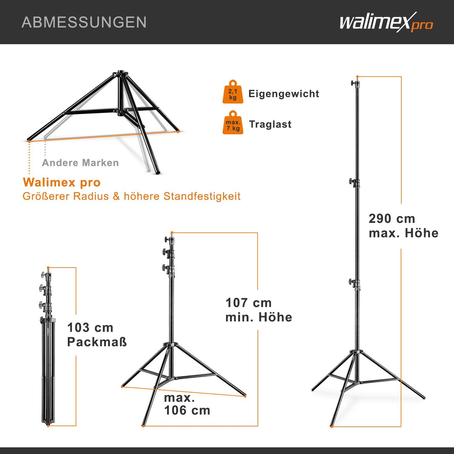 AIR 290 Deluxe Stativo per luci, altezza max 290 cm, cavalletto fotografico per flash con capacità di carico di 7 kg, treppiede per studi fotografici e outdoor