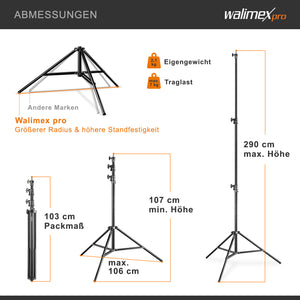 AIR 290 Deluxe Stativo per luci, altezza max 290 cm, cavalletto fotografico per flash con capacità di carico di 7 kg, treppiede per studi fotografici e outdoor