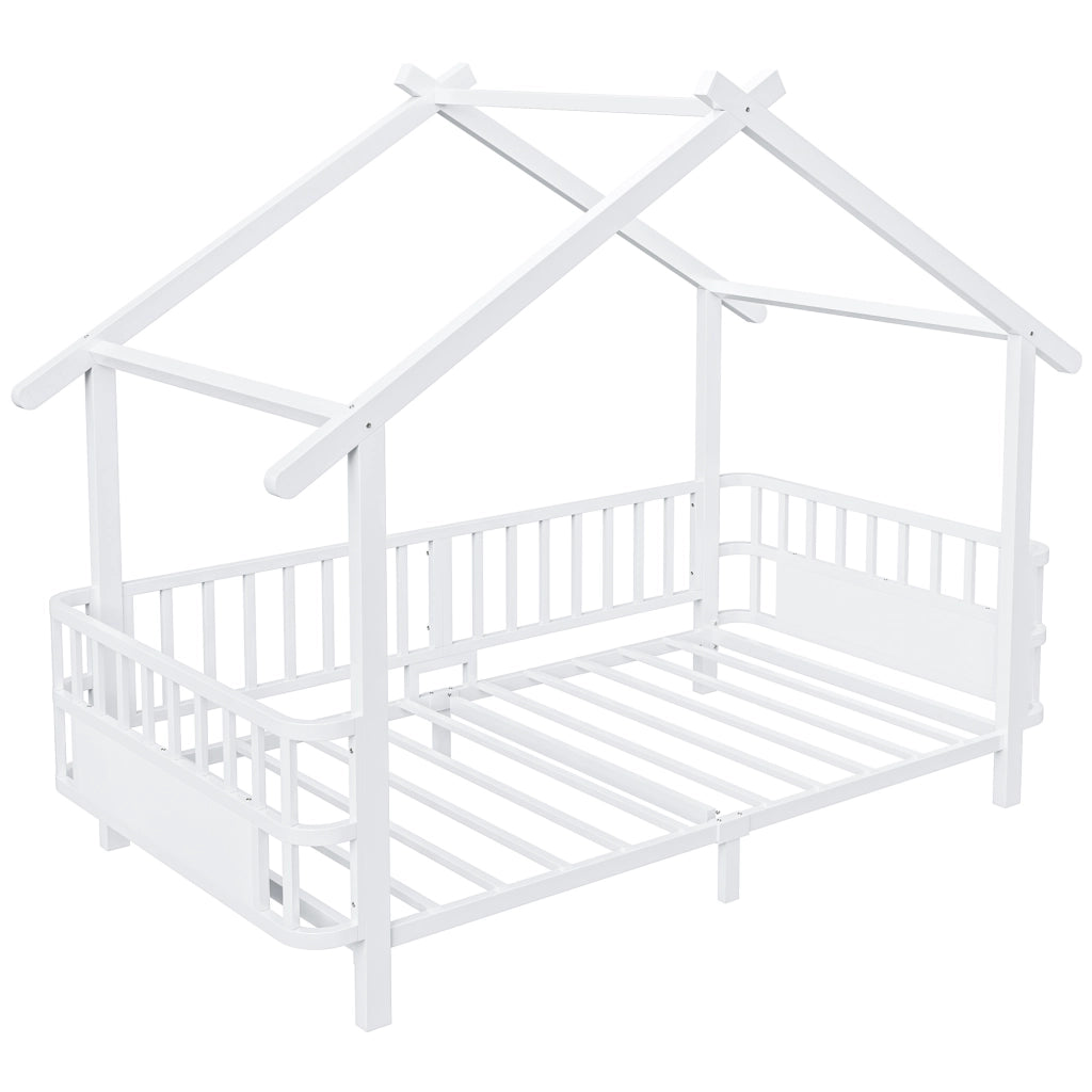 Letto per bambini in metallo a forma di casa, 90 x 200 cm, con sponde di sicurezza, design con tetto, bianco
