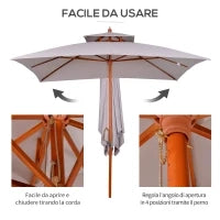 Ombrellone da Giardino 3x3m con 8 Stecche in Bambù e Copertura Parasole a 2 Livelli, Grigio