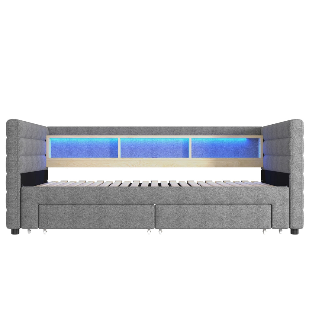 Divano letto 90x190 cm estraibile con LED; USB e Tipo-C in velluto e MDF grigio
