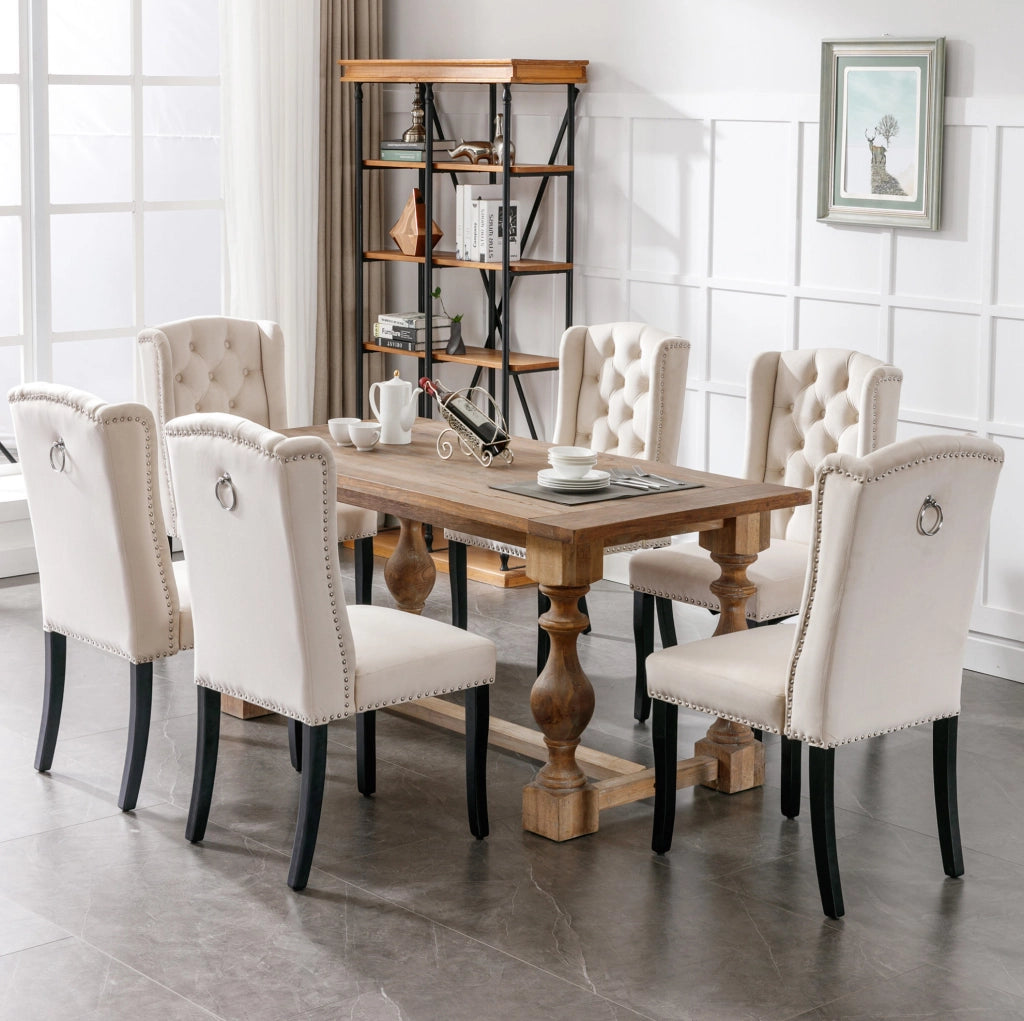 Set 2 sedie da pranzo in velluto beige con gambe in quercia