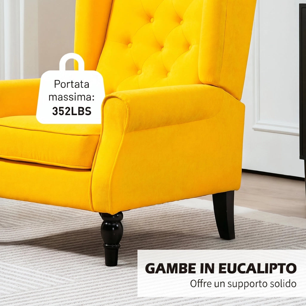 Poltrona Camera da Letto in Stile Francese 74x86x102 cm con Ampia Seduta e Gambe in Legno in Velluto Giallo