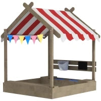 Sabbiera con Tettuccio, Design a Forma di Casa con Set di Giochi, in Legno Massello Trattato, 124 x 116 x 146 cm, Grigio