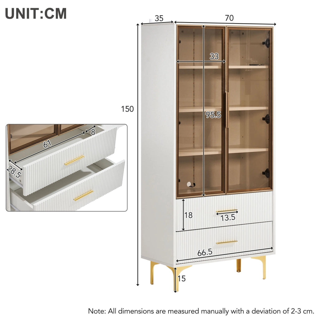 Vetrina in vetro con 2 ante e LED; 70x35x150 cm; bianco; in truciolare