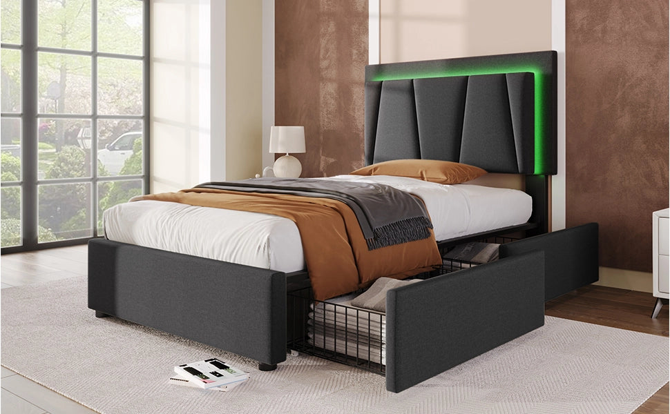DESMIU Letto singolo 90 × 200 cm con 2 cassetti, LED, testiera regolabile, senza materasso, grigio