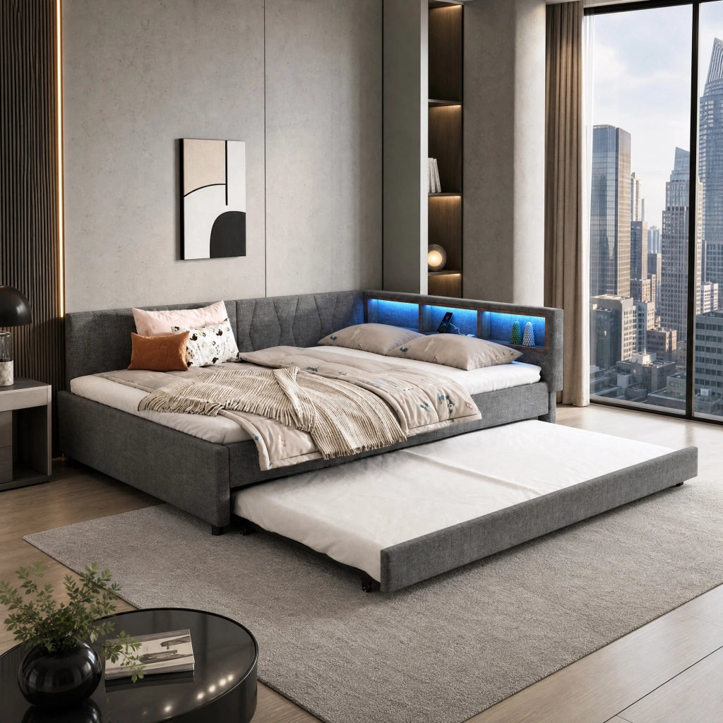 LETTO estraibile 140x200 cm in lino grigio con USB, LED e vani
