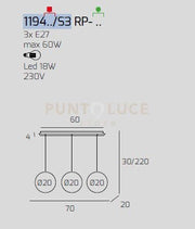 SOSP. BIANCO 3 LUCI RETTANGOLARE VETRI PICCOLI FUME' 1194BI-S3 RP-FU