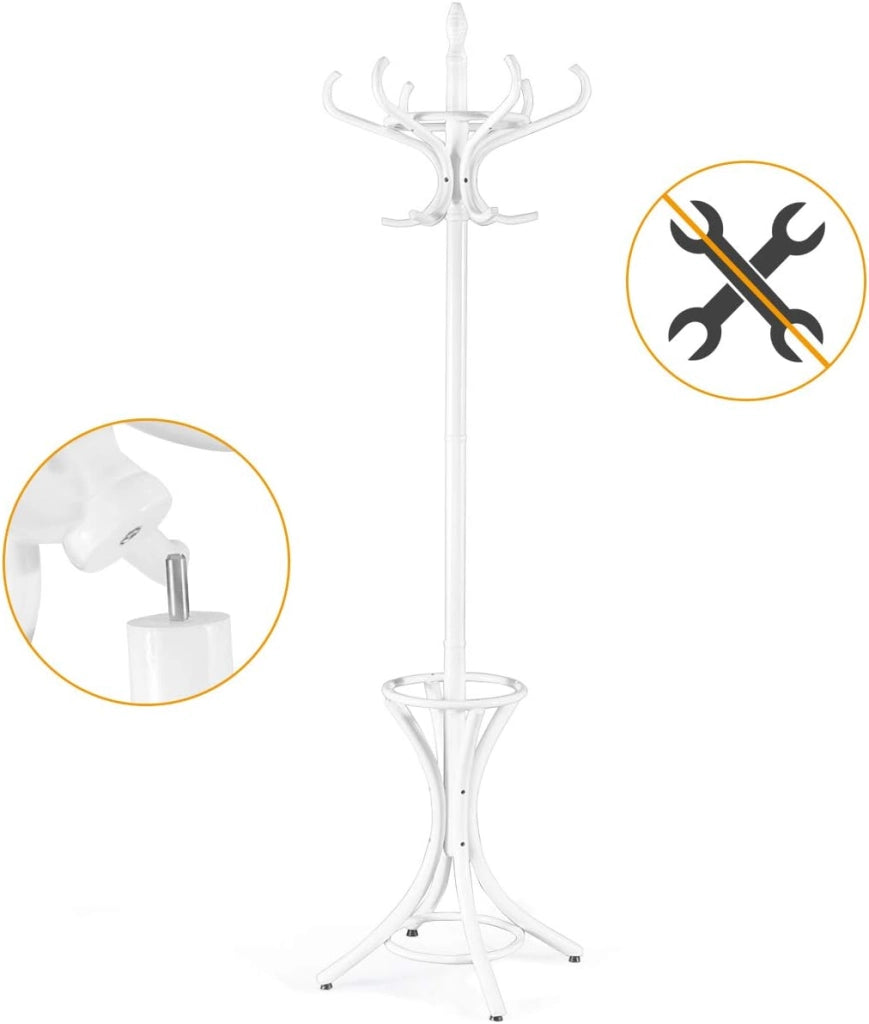 Appendiabiti da 184 cm, Scaffale per Abiti e Cappelli, Appendiabiti in Legno con 12 Ganci, Supporto per Ombrellone, Portabiti Autoportante, per Ingresso, Ufficio, Soggiorno (Bianco)